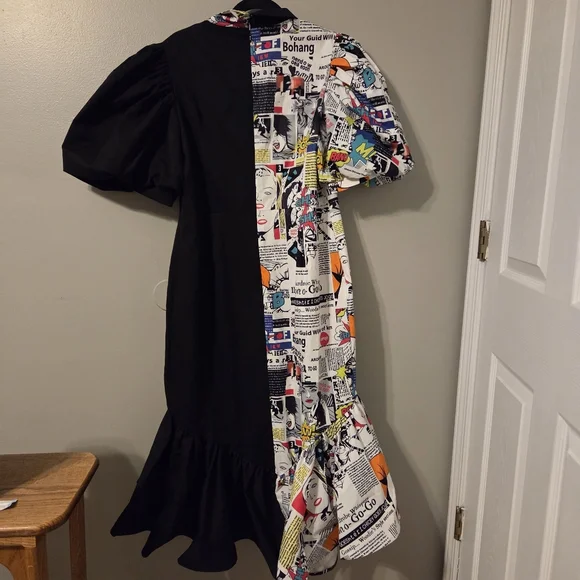 For Her NYC Womens Mixed Media Black White Puff Sleeve Comic Retro Dress. XL - Picture 6 of 9